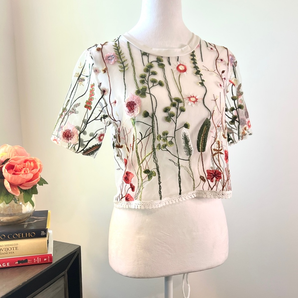 SOLD Floral Embroidered Sheer White Top - Picture 1 of 7